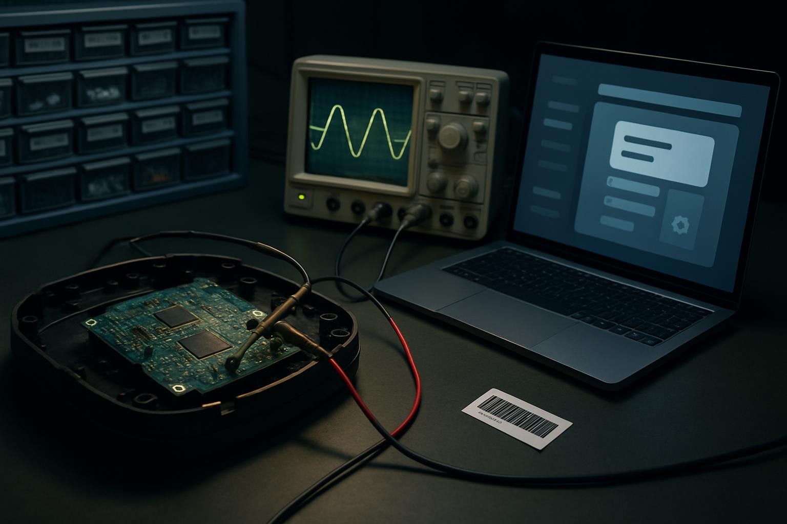 A cinematic, photographic realism scene showing a PCB repair diagnostic setup arranged to represent a digital service request in progress. At the center, a partially disassembled electronic appliance base houses an exposed PCB connected via test leads to an oscilloscope, with clear waveforms glowing on its screen. A nearby laptop displays abstract, non-text UI graphics suggesting an online job ticket system. The workbench is orderly, with labeled bins of replacement components and a barcode-like tag next to the device implying tracking. Cool, directional overhead lighting combined with a subtle side light from the laptop screen casts soft, technical glows and reflections, creating a focused, high-tech atmosphere. Shot from a three-quarter angle with moderate depth of field, the composition balances the PCB, instruments, and digital workflow elements to illustrate professional repair service handling.
